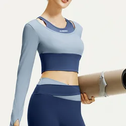 Aiithuug Build-in Cup Gym Crop Tops Yoga Shirts Gym Shirts Sports Workout Top Sexy Shoulder Fake Two Pieces Yoga Long Sleeve