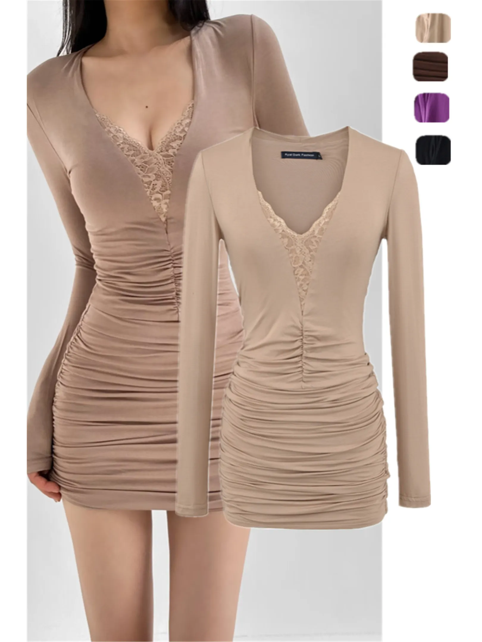 

Pure Desire Кружева Сращивание Утягивающая Талия V-Ne Long Sve Dr Сексуальная Облегающая Юбка Женская Faion Повседневная Одежда