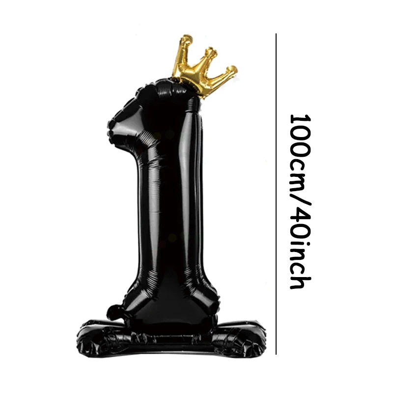 1Pc 40Inch Golden Crown Digital Black Balloon 0-9 Digital Balloon With Base Birthday Party Anniversary Decoration Shower Balloon