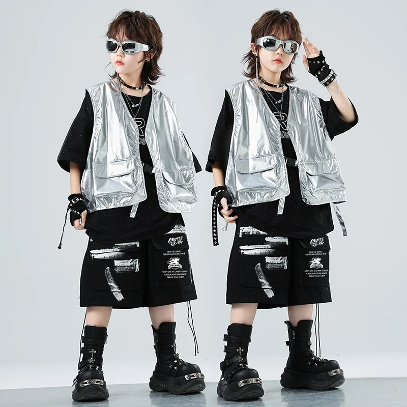 

Boys Loose Hip Hop Dancing Costume Jazz Dance Stage Set KPOP Outfit Kid Performance Clothes Cool Black Short Shirt Shorts XH2967