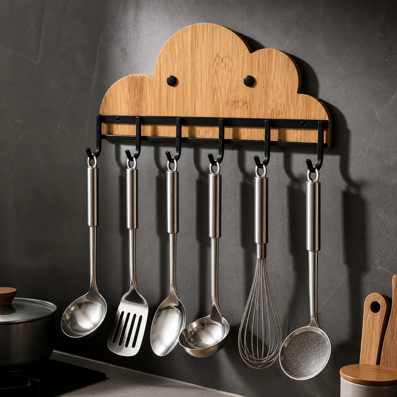 Wood and Metal Rail Hook Rack Decorative Wall-Mounted Kitchen Hanging Rack Kitchen Rail with 6 Hooks Easy to Install
