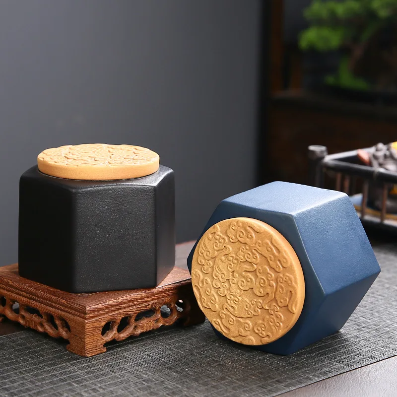 New Square Ceramic Tea Caddy Black Porcelain Sealed Candy Coffee Bean Storage Jar Jewelry Food Box Home Art Decoration