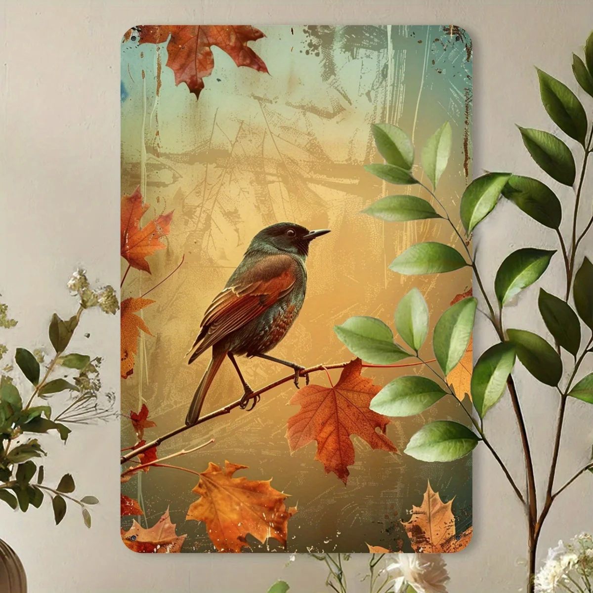 لافتة قصدير عتيقة للطيور الخريفية والأوراق المتساقطة - ديكور منزلي مثالي لعشاق الطبيعة - فن جداري متين مقاس 8 × 12 بوصة للخريف #5