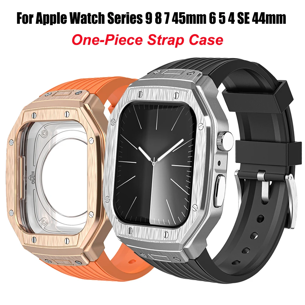 One-Piece Starp Case For Apple Watch 9 8 7 45mm Alloy Cover+TPU Band iWatch Series SE 6 5 4 44MM Luxury Modification Accessories