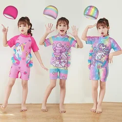 Baby Girl Conservative Children's Swimsuit One-piece Swimsuit 2024 New Cartoon Cute Girls Short Sleeve Shorts Swimsuit