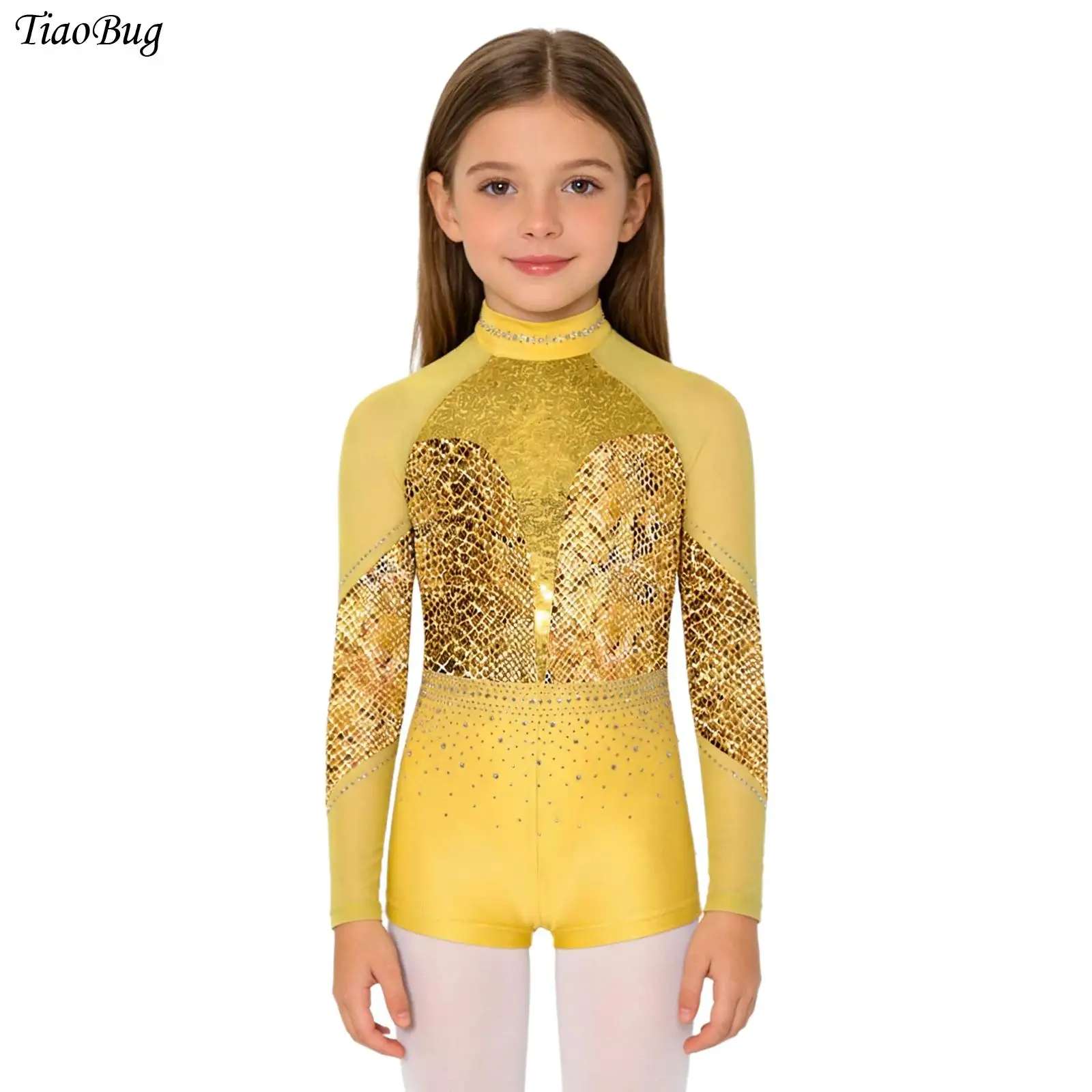 

Kids Girls Ballet Gymnastics Unitards Jumpsuit Jazz Dance Leotards Rhinestones Long Sleeve Mesh Sequins Skating Tumbling Costume