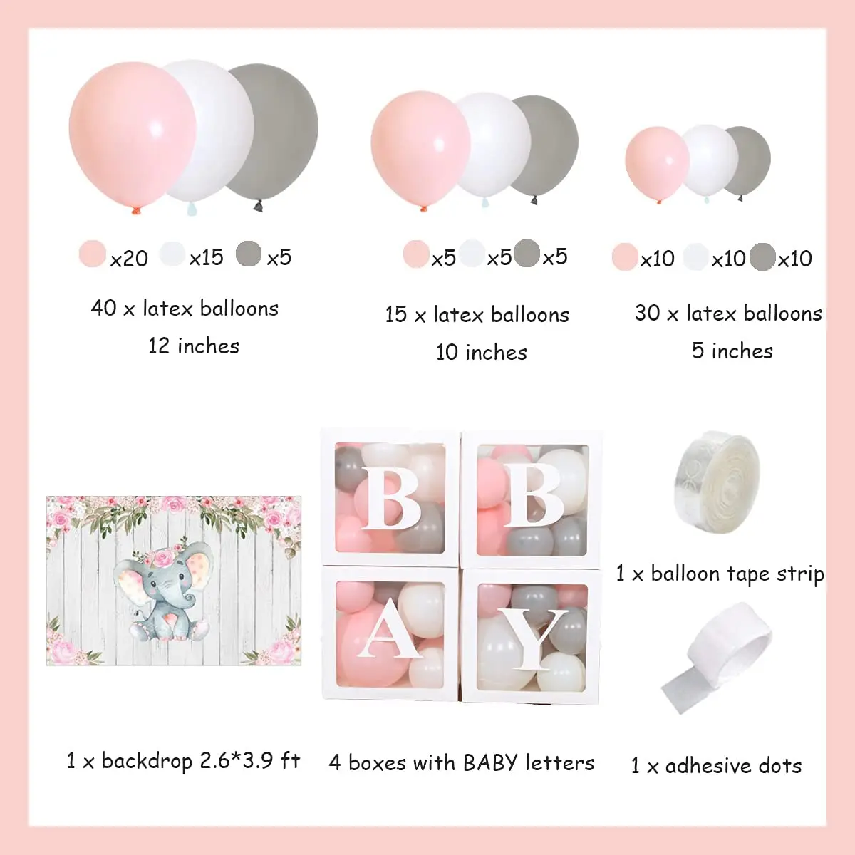 Elephant Baby Shower Decorations for Girl Pink Gray Balloon Garland Kit Backdrop with Balloon Boxes Baby Shower Party Supplies