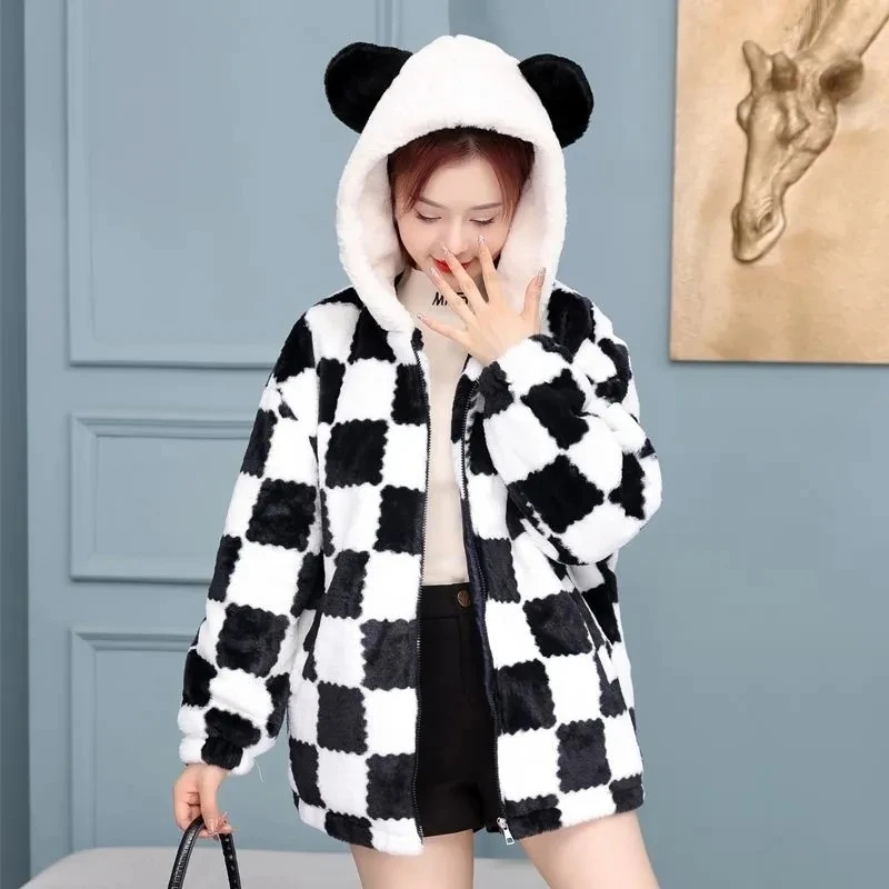 Checkerboard Lamb Cashmere Jackets Women's Outwear Autumn Winter 2025 New Thicke Warm Parker Coat Loose Hooded Cotton Jacket