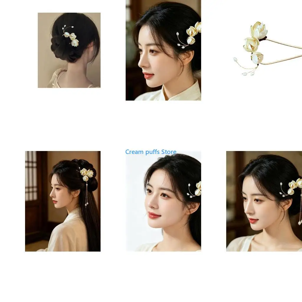 50LE Ancient Magnolia Flower Hairpin With Blossom Design Hair For Women Girl