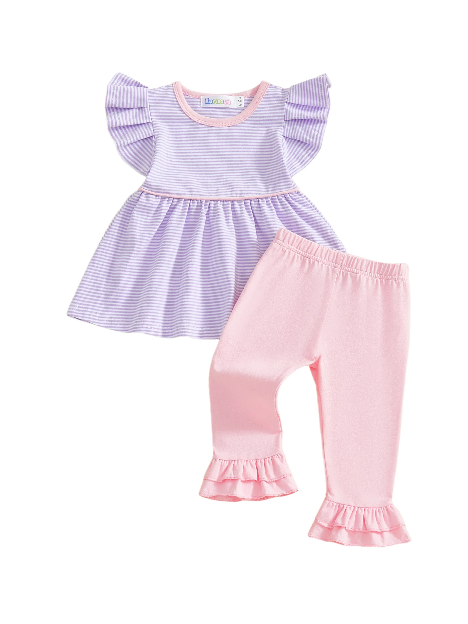 

Очаровательный комплект из двух предметов для маленьких девочек. Стильный полосатый топ с рюшами, длинными рукавами и расклешенными брюками для модных малышей.