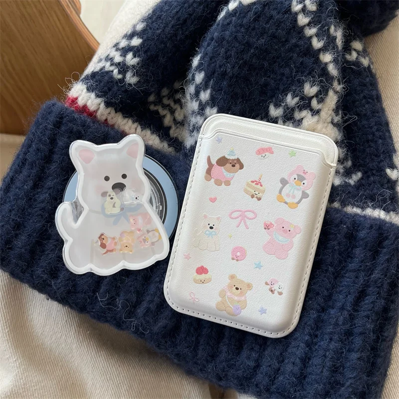 Kawaii Magnetic Stand Phone Case For iPhone 16 15 Pro 13 14 Pro Max Cover with Magsafe Card Holder Cases Cute Puppy Funda 16pro