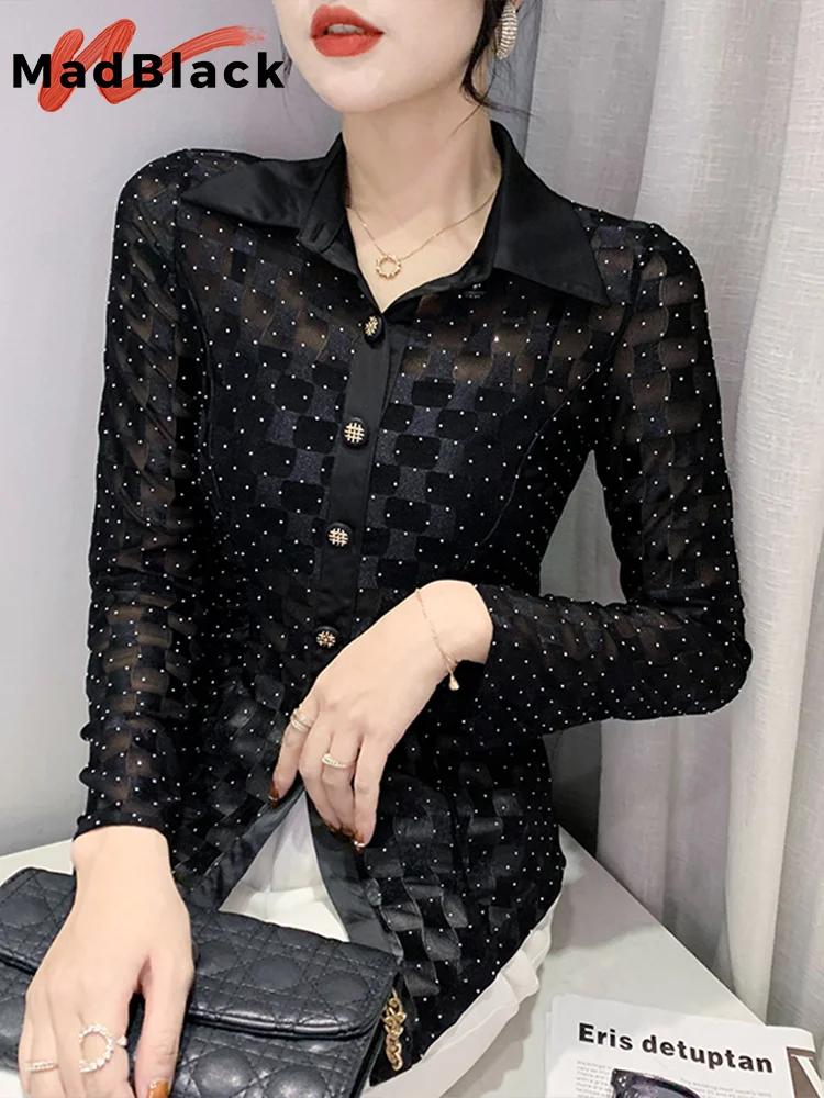 MadBlack Spring Hot Drill Shirt Sexy Sheer Women Turn Down Collar Long Sleeves Button Black Tops Clubwear Shirts New  T32521Z