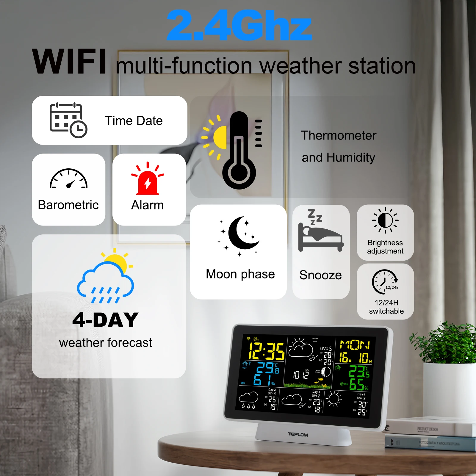 Wireless WiFi Weather Station, Indoor and Outdoor Temperature, Humidity, Wall-Mounted Clock, Barometer, Online Forecast App,