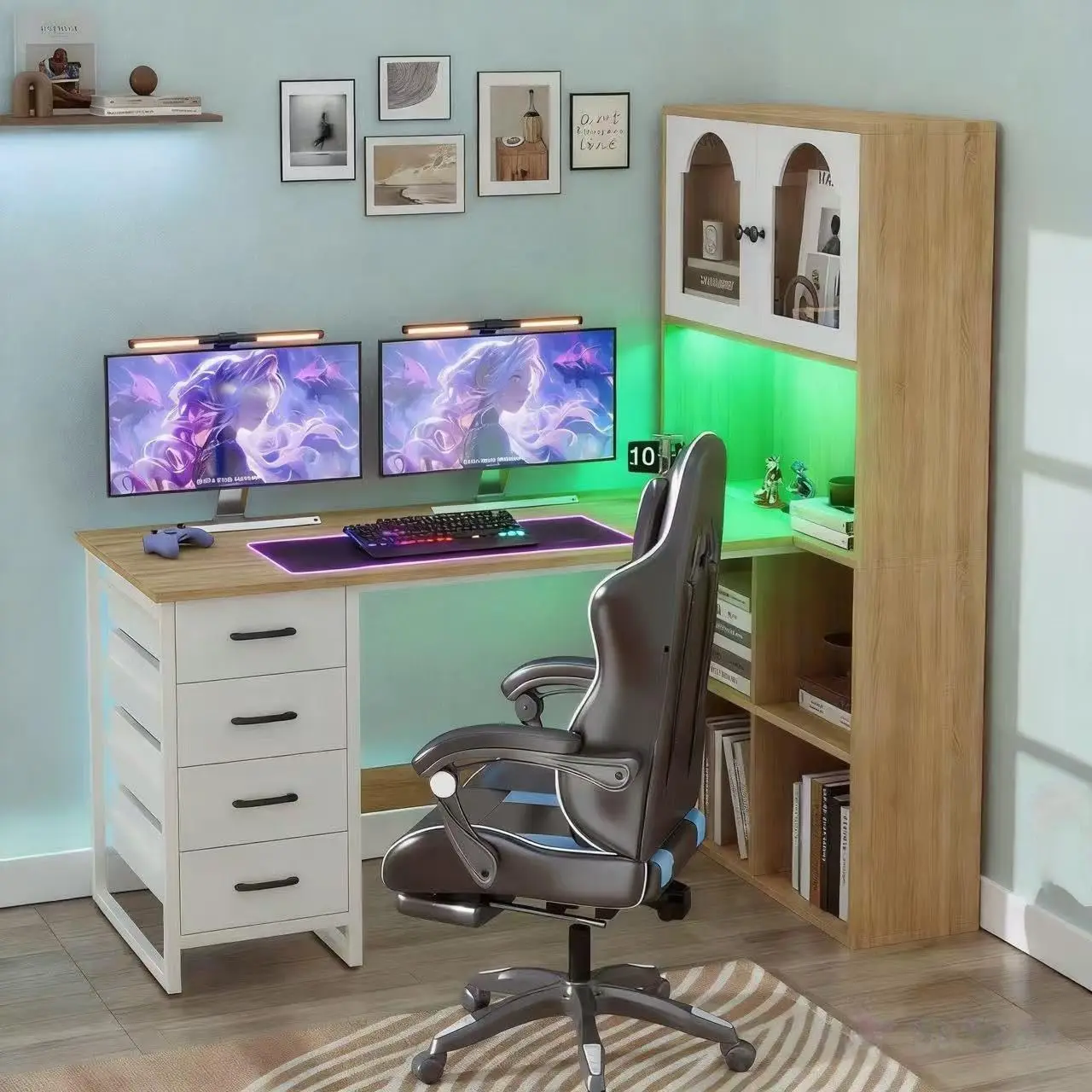 L-Shaped Desk With Power Outlets & LED Light, 4 Drawers File Cabinet Shelves, Home Office Gaming Table, White Oak, Customized