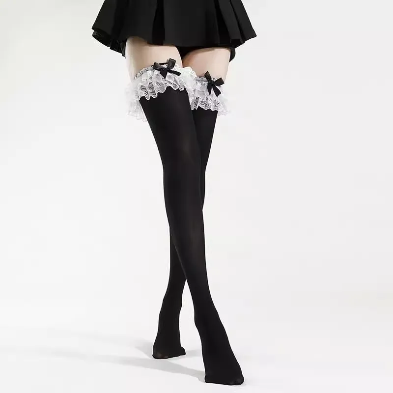 Women's Lolita Velvet Lace Bow Over-the-Knee Socks - Summer Floral Calf Socks with Soft Lace, Sweet Japanese Style for Cosplay