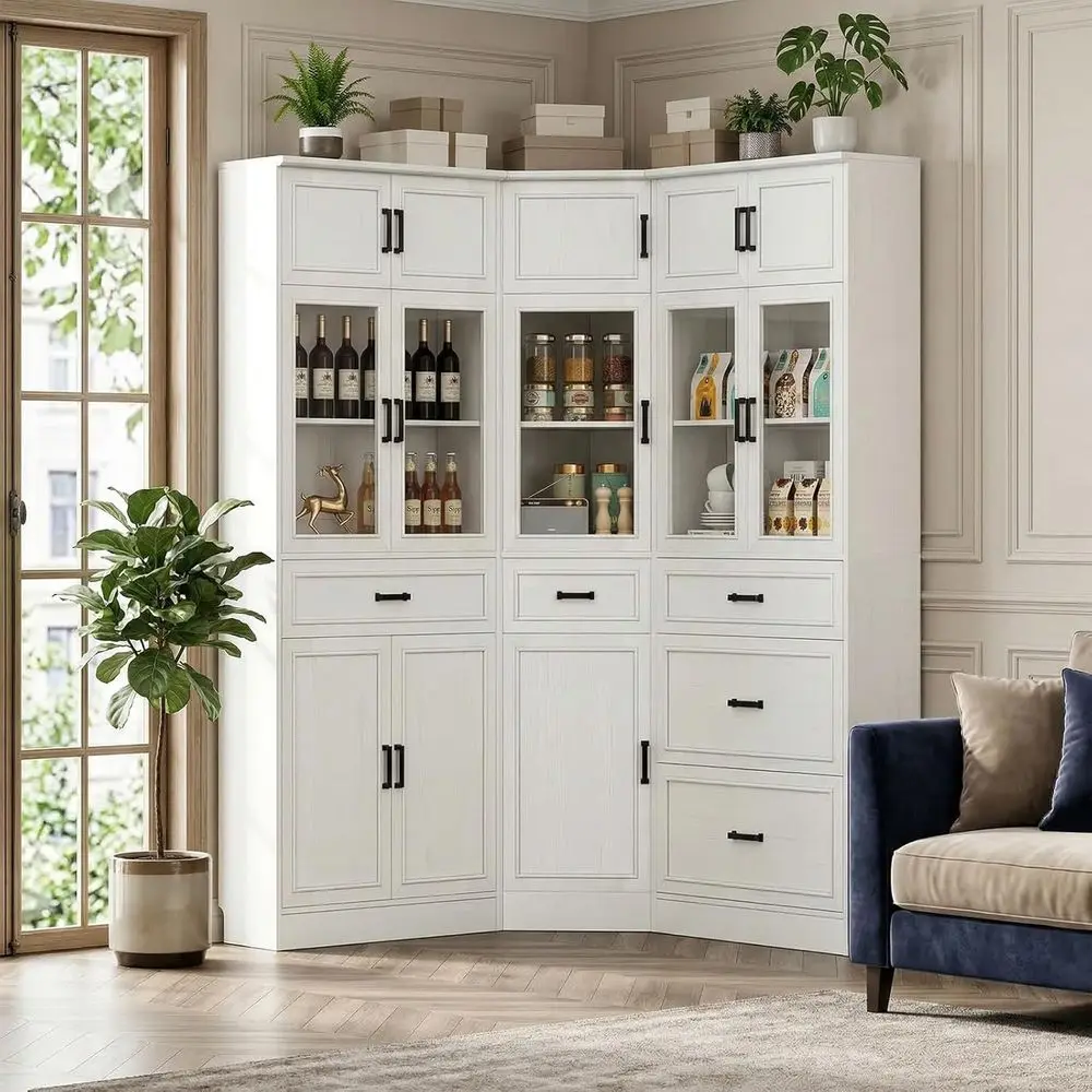 

80 Tall Adjustable Shelf Pantry Cabinet with Tempered Glass Door, Ideal for Large Bookcases in Living or Dining Rooms, White