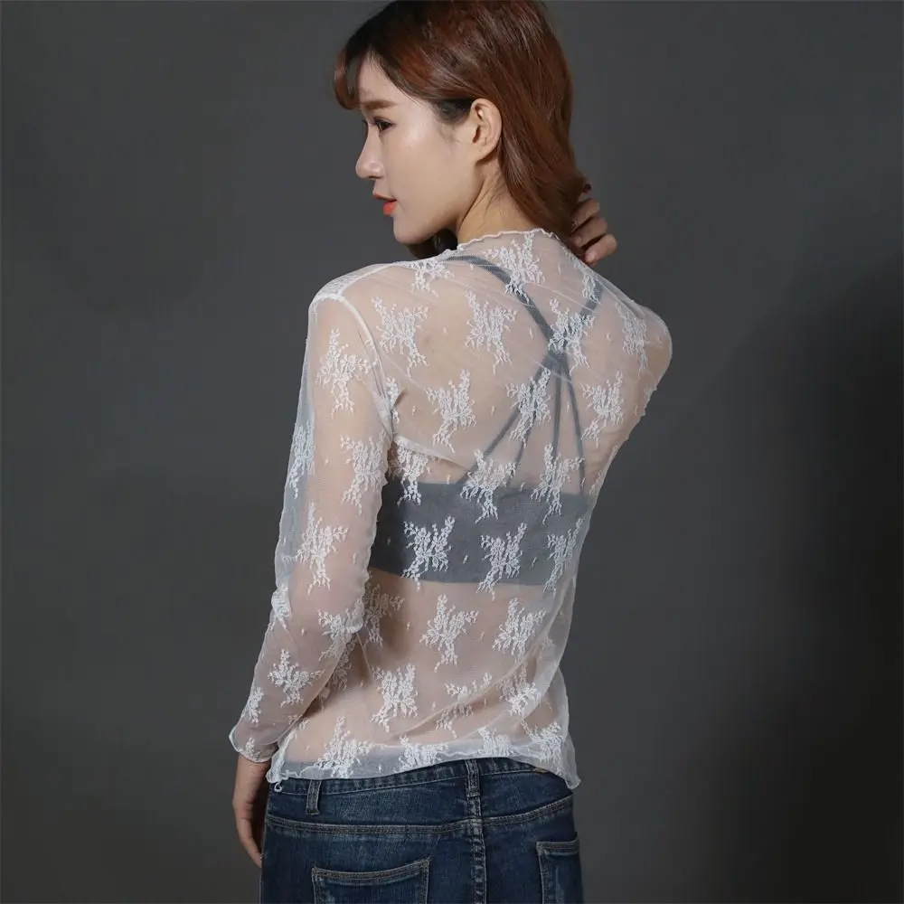 Casual Top See-Through Lace T Shirt Mesh Fishnet Turtleneck Mesh Ladies Tops Floral Long Sleeve Transparent T-shirt Autumn Club