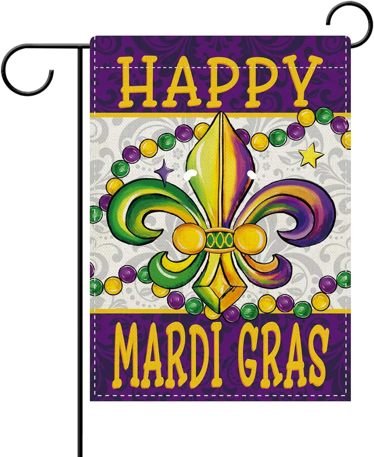 Dyrenson Happy Mardi Gras Fleur De Lis Decorative Garden Flag, New Orleans Carnival Beads Yard Outside Home Decoration, Masq EEZ