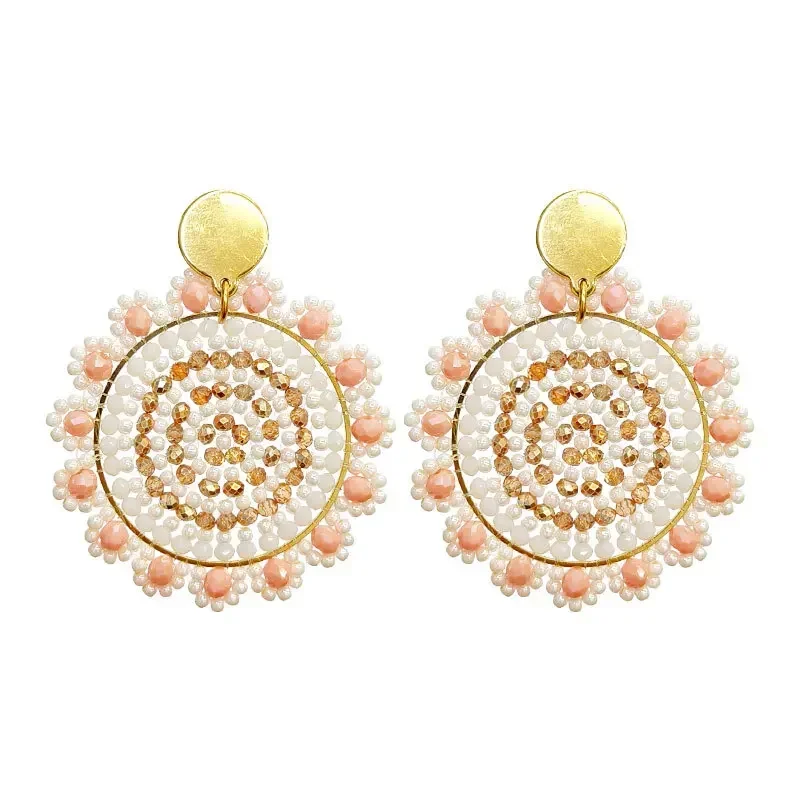 

2025 Handmade Beaded Earrings Sunflower Design Crystal Roundness Hand Knitting Bohemia Beaded Earrings for Women