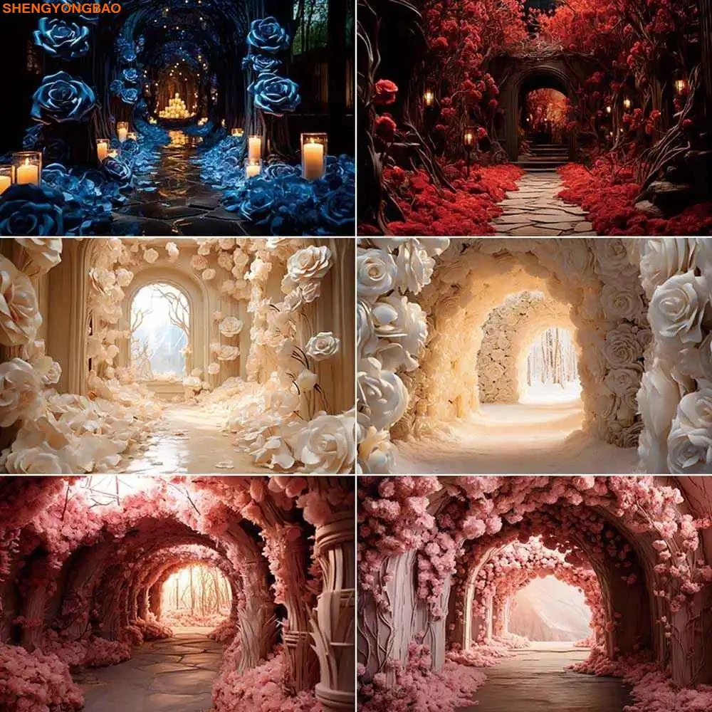 

Blue Red Rose Arch Corridor Photography Backdrops Wedding Birdal Photozone Background Photo Studio Photobooth Props