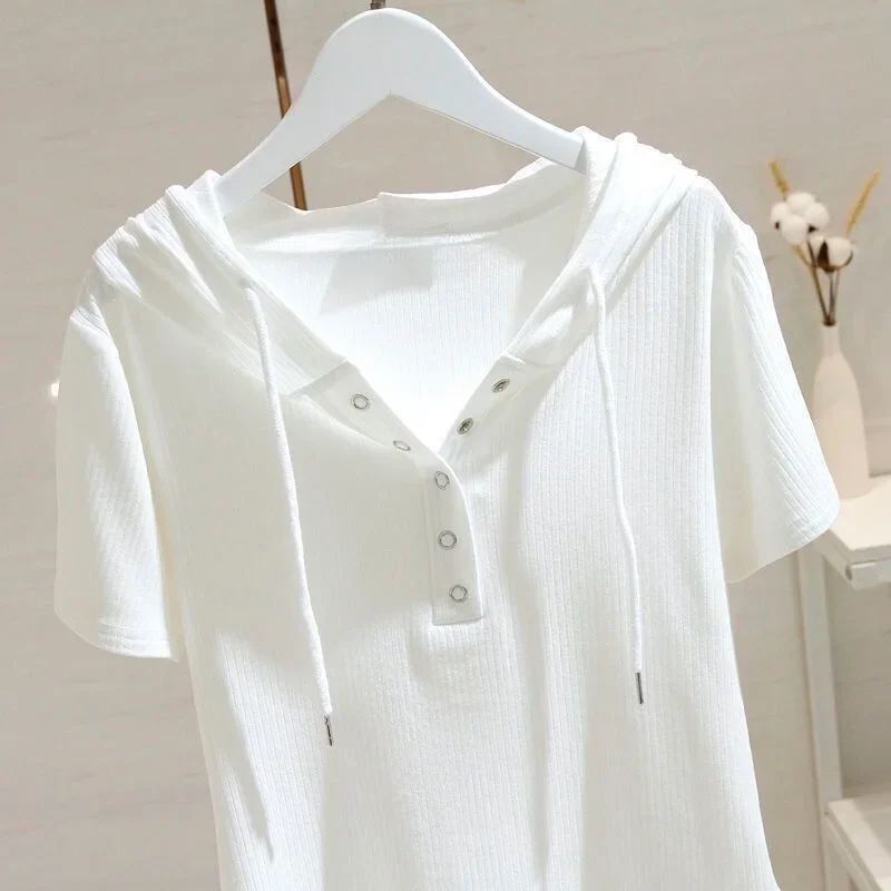 Hooded T-shirts Women Short Sleeve Comfortable Stylish Harajuku Solid All-match Draw String Design Casual Ladies Simple Basic