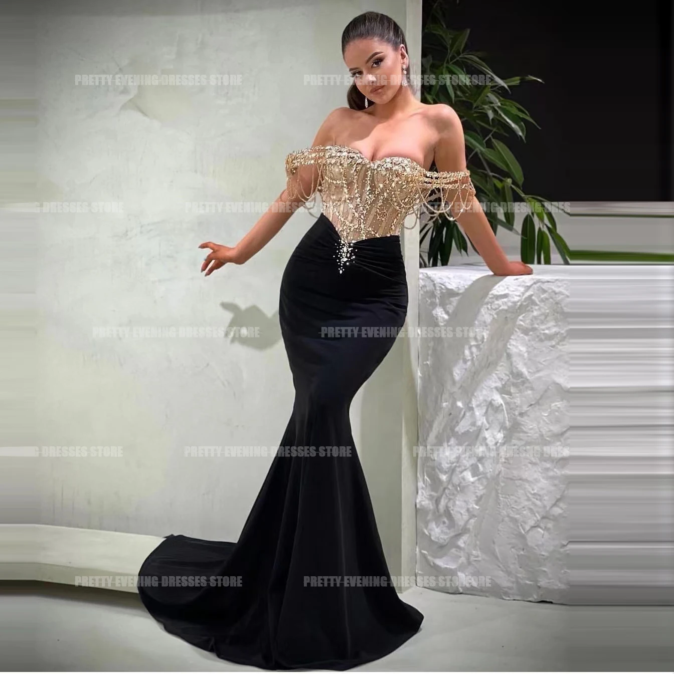 Glisten Black Evening Dresses Trumpet Sexy Off The Shoulder Prom Growns Formal Celebrity Party Fashion Vestido فساتين العيد 2024