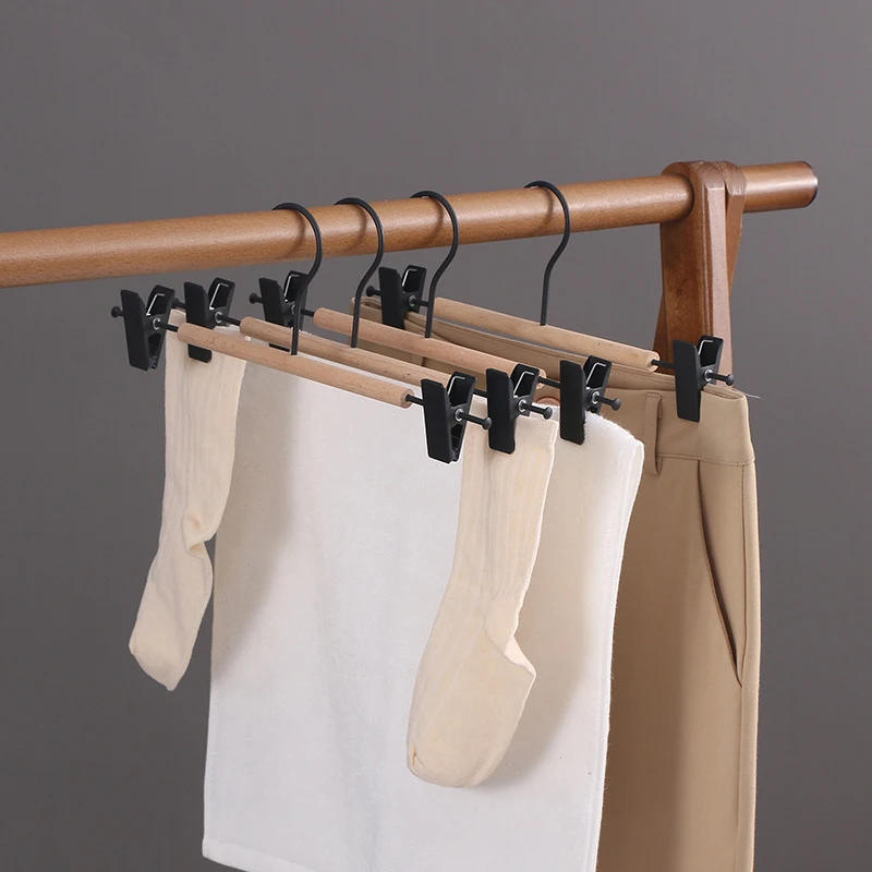 5PCS Trouser Hangers Durable Iron+Wood Drying Rack with Clip for Skirt Shorts Socks Underwear Storage Racks Organizer Hanger