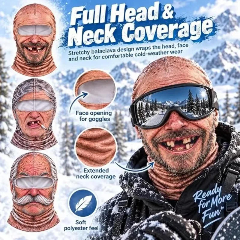 Funny Old Man Ski Mask3D Printed  Realistic Face Balaclava Summer Winter Full Face Mask for Skiing Snowboarding Outdoor Sports