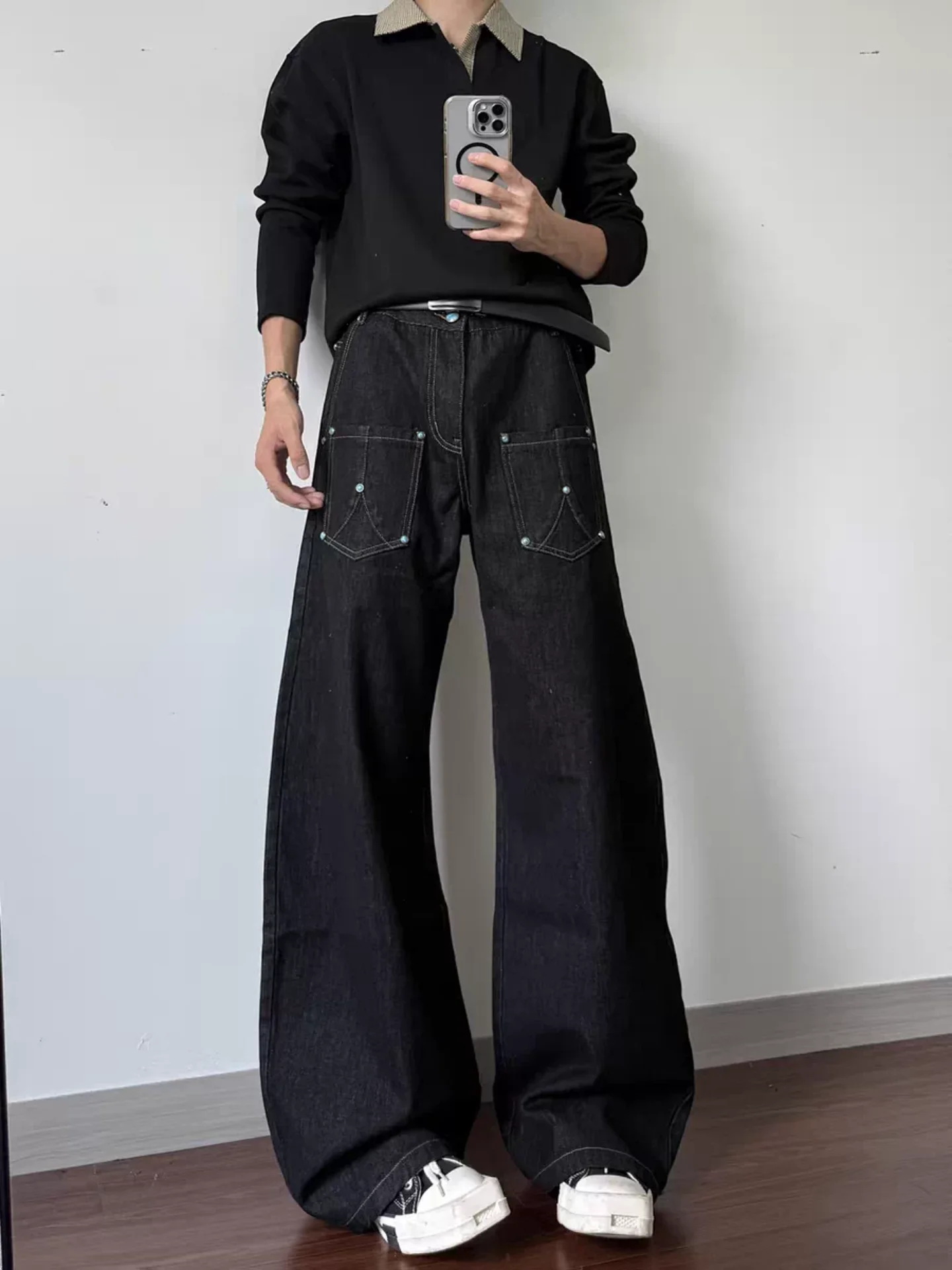 Trendy Black Original Color Denim Knife Pants Men's American Retro Silhouette Collision Nail Pocket Wide Leg Draped Long Pants