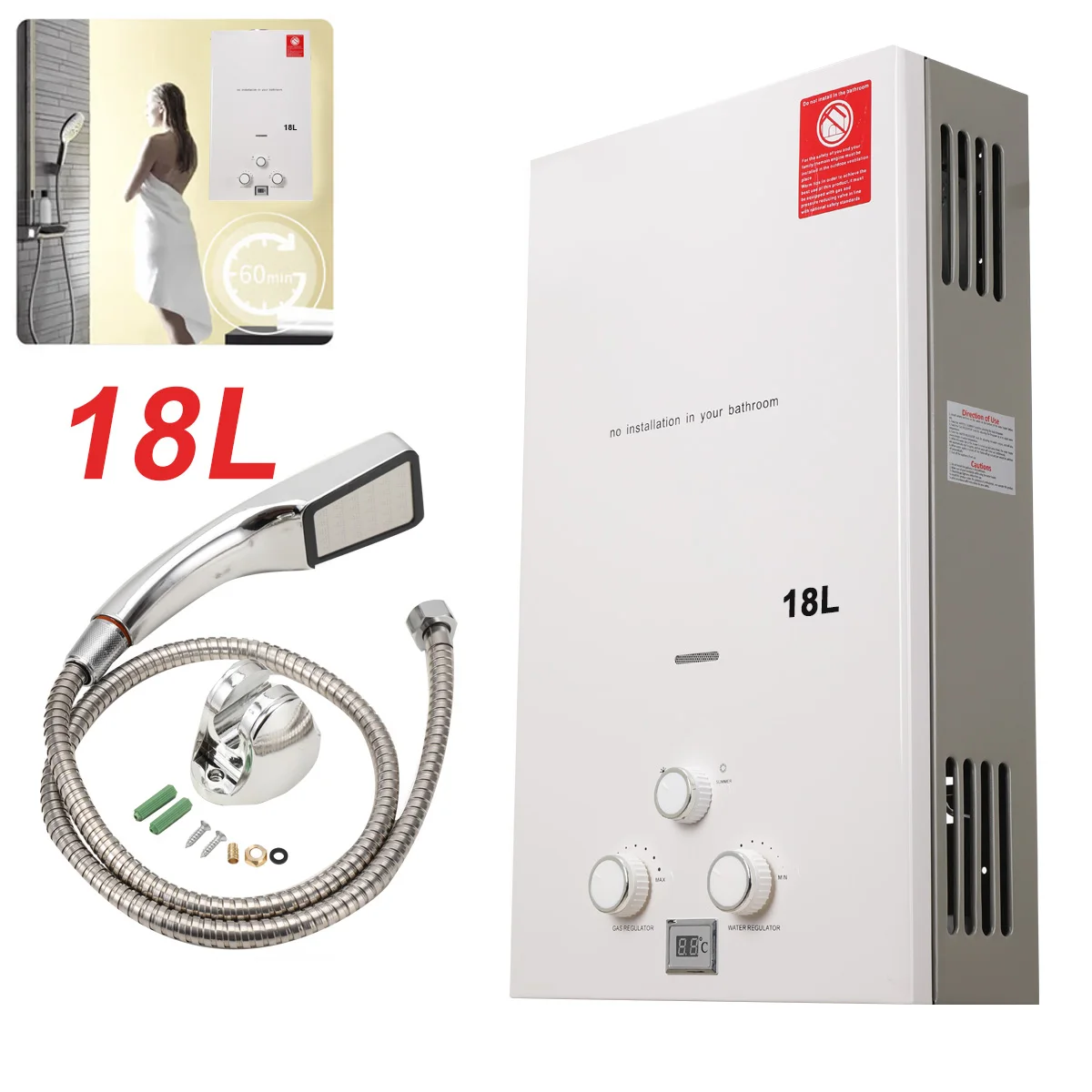 

18L LPG Gas Propane Instant Tankless Water Heater 36KW Hot Water Heater Boiler For Home Outdoor Camping With Shower Head Kit