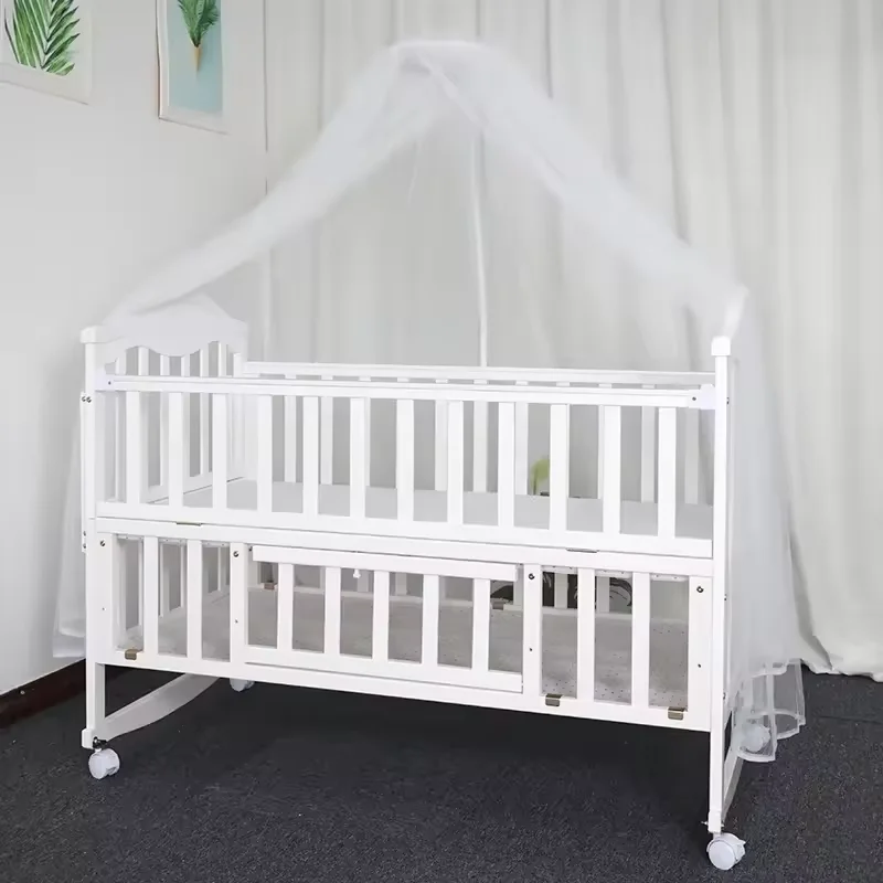 

New 3 in 1 White Solid Wood Kids Cribs Adjisuable Wooden Baby Cot Bed With Net for New Born