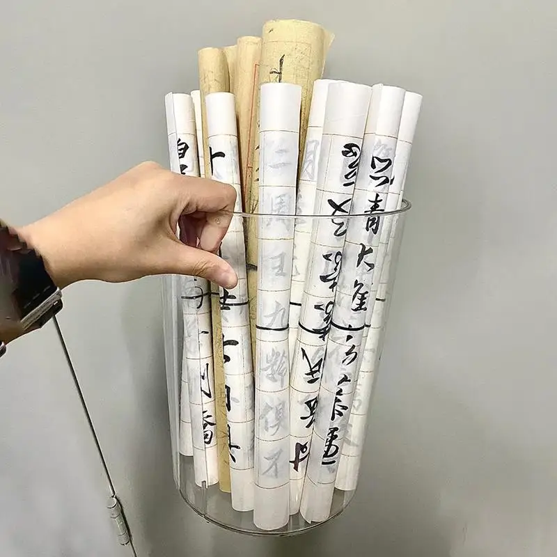 透明な手作り書道絵画収納バスケット丸筒紙ゴミ箱中国風学習室オーガナイザー