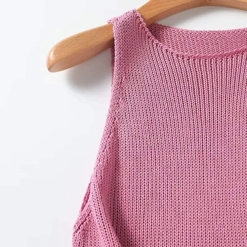 TRAF Nordic Minimalist Pink Knit Vest T-shirt Women Fashion Ladies Commuter Knitwear Elegant Pullover Summer Top