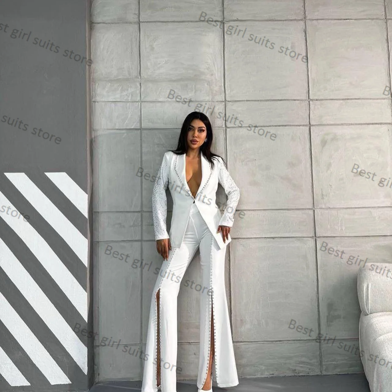 White Office Women Suit Pants Set 2 Piece Crystals Blazer+Split Trousers Formal Lady Jacket Wedding Tuxedos Prom Coat Tailored