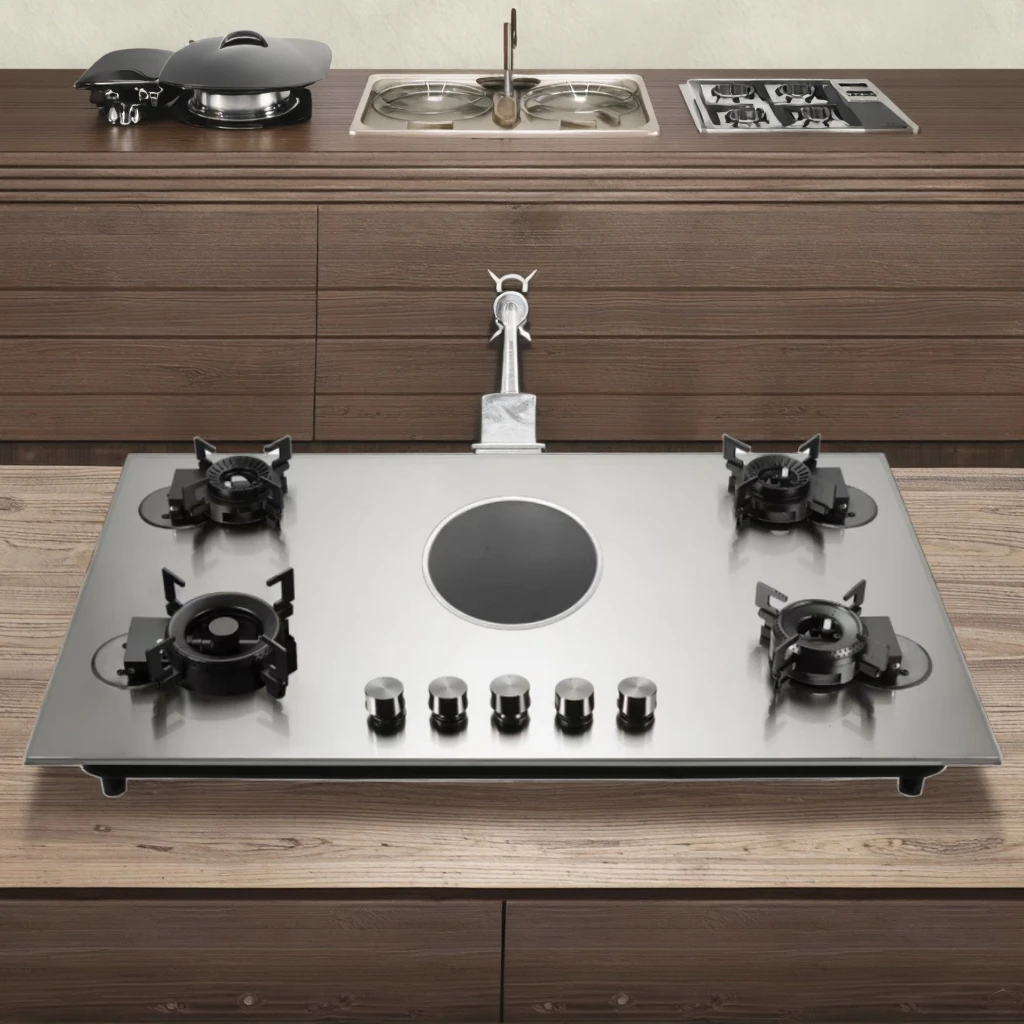 Stainless Steel Four Gas and One Electric Built in Gas Stove with Flip Burner for Home Use