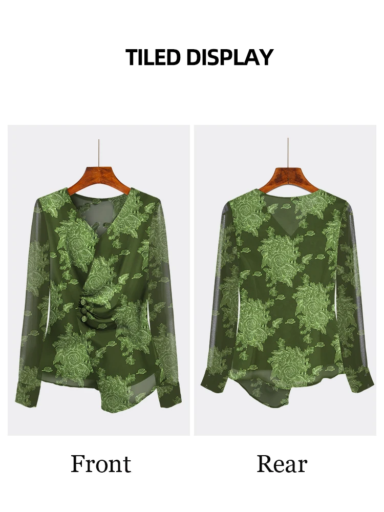 Women Long Sleeve V-Neck Green Chiffon Embroidered Blouse See through Asymmetrical Vintage Casual Floral Shirts Button-down Tops