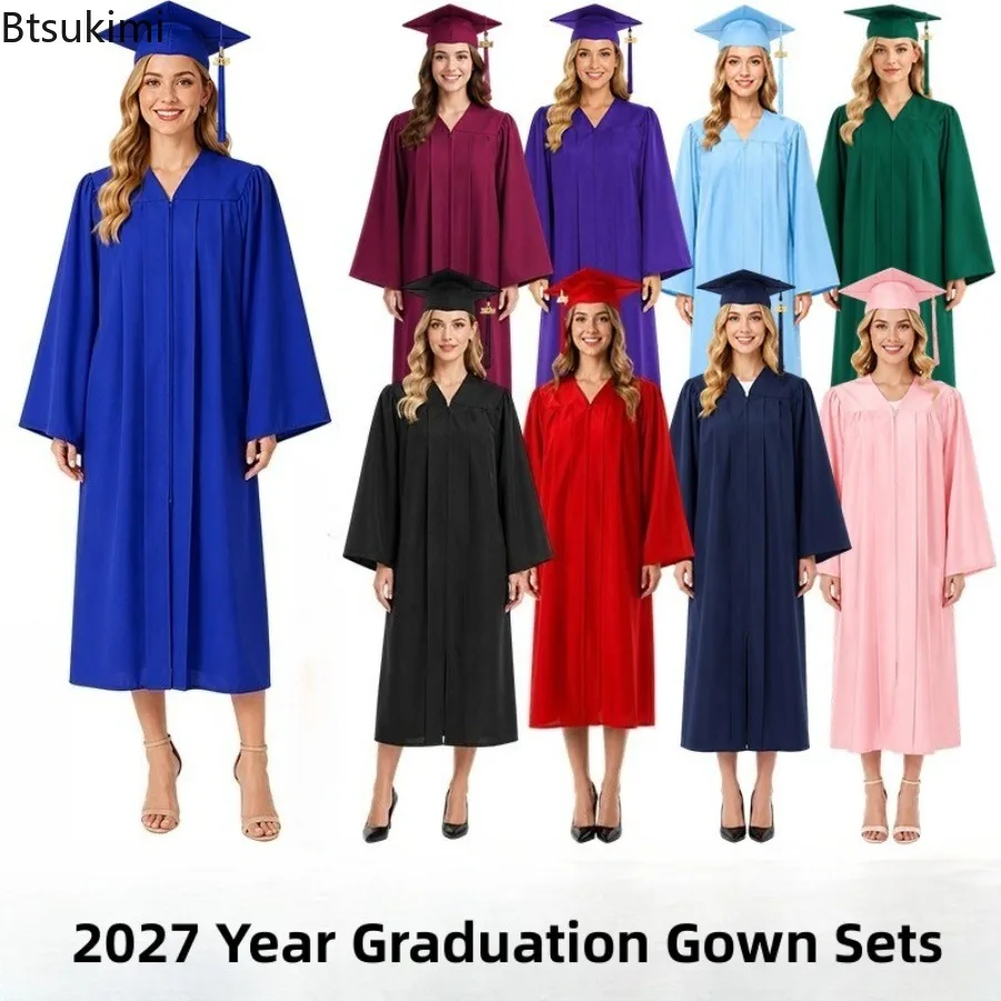 New 2027 Academic Graduation Gown Sets Men and Women Uniform School Ceremony Diploma Photography Outfit Graduation Party Apparel