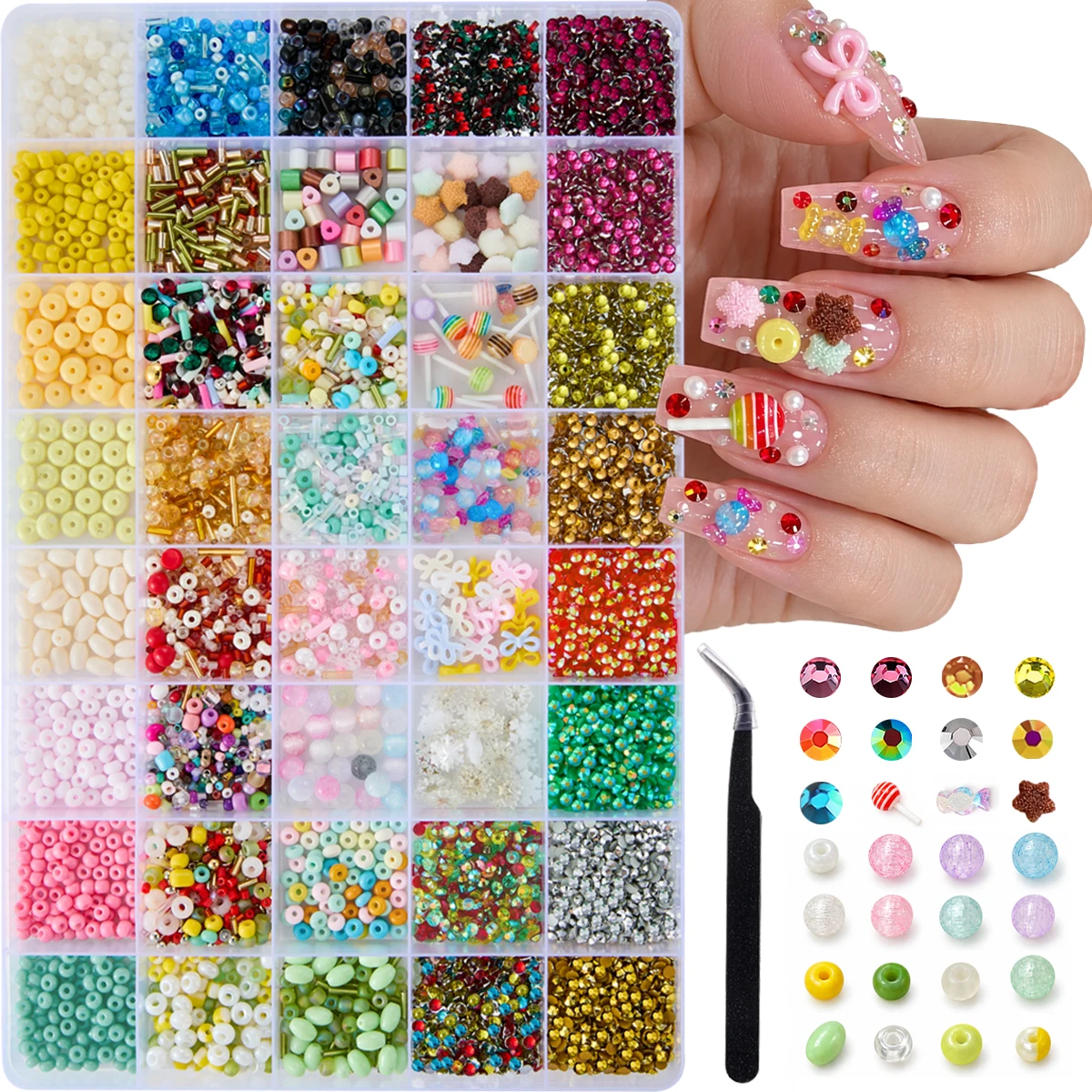 1Box New Creative Colorful Hole Beads Nail Charms Dopamine Simulated Bow Star Candy Mixed Nail Art Decorations DIY Nails Parts
