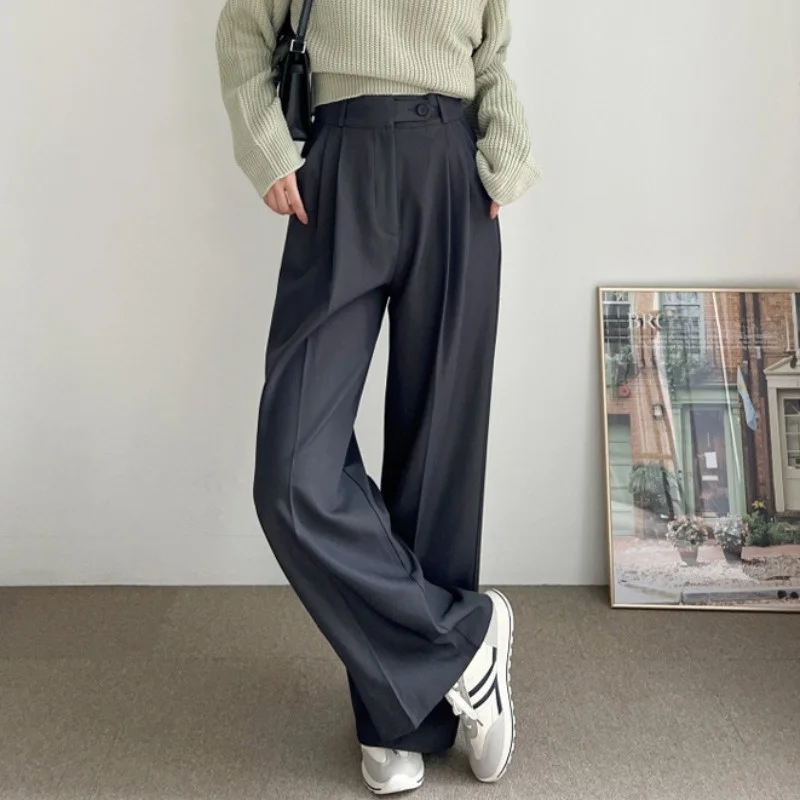 하이웨이스트 여성 정장 바지 한국 스타일 디자인 감각적인 와이드 레그 팬츠 봄 신상 캐주얼 바지
