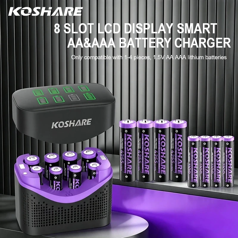 KOSHARE 1,5V AA AAA Li-Ionen Wiederaufladbare Batterien 4255mWh 1100mWh Lithium-Ionen-Akku Mit 8-Slot LCD Smart Batterieladegerät L822C