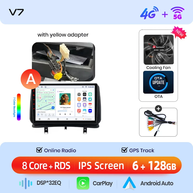 Junsun draadloze CarPlay Android Auto autoradio voor Renault Clio 3 (Mk3 / BR/CR) 2005-2014 met ingebouwde koelventilator, Android GPS navigatie, multimediaspeler, WiFi, DSP, RDS, BT, SWC, IPS