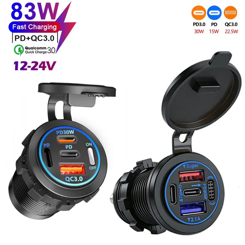 Car Charger PD+QC3.0 USB TYPE-C Charger 12-24V Waterproof Power Socket Power Adapter with Voltmeter Switch For Car Boat RV