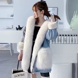 2024 Autumn Winter New Imitation Fox Fur Collar Denim Jacket Women's Overcoat Loose Thicke Embroidered Fur Pie To Overcome Coat