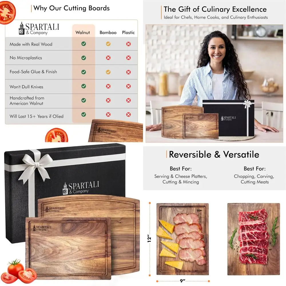 

American Black Walnut Chopping Boards, Reversible with Juice Grooves, Set of 2 - 12x9 & 15x12, Gift Boxed