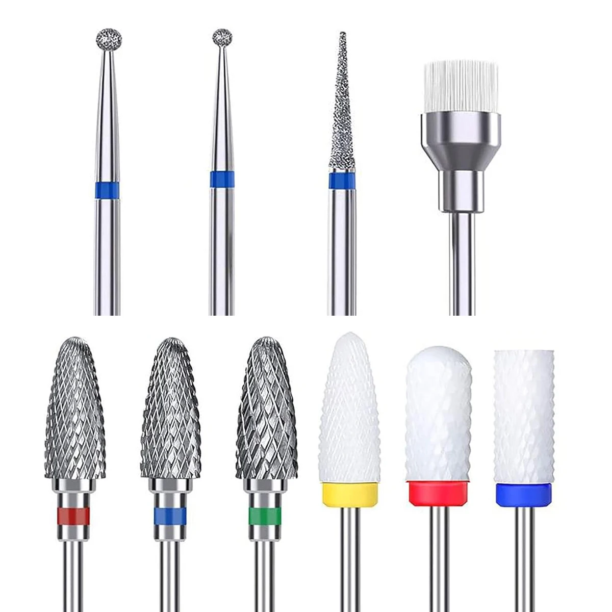 ネイルドリル用ネイルビット10個、セラミックネイルビットセット、アクリルキューティクルドリルビット、ネイル用カーバイドリムーバービット、brocas