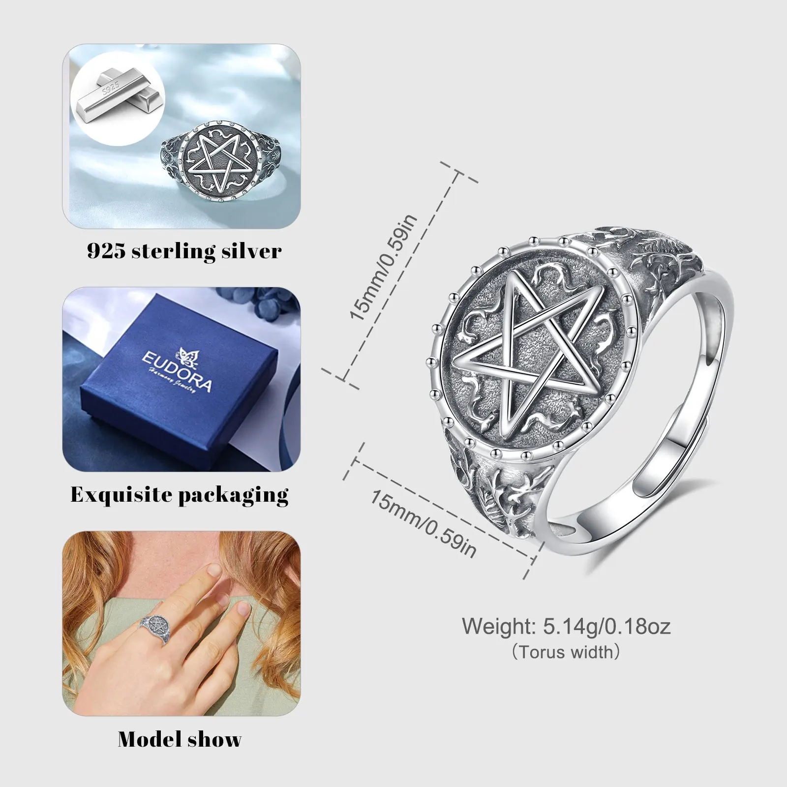 Eudora 925 Sterling Silver Pentagram Adjustable Ring for Men Vintage Amulet Guardian Star Tetragrammaton Ring Witch Jewelry Gift