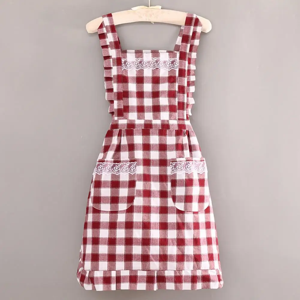 Korean Style Useful Lattice-Pattern Cotton Apron Unisex Kitchen Apron Lace Decor for Household