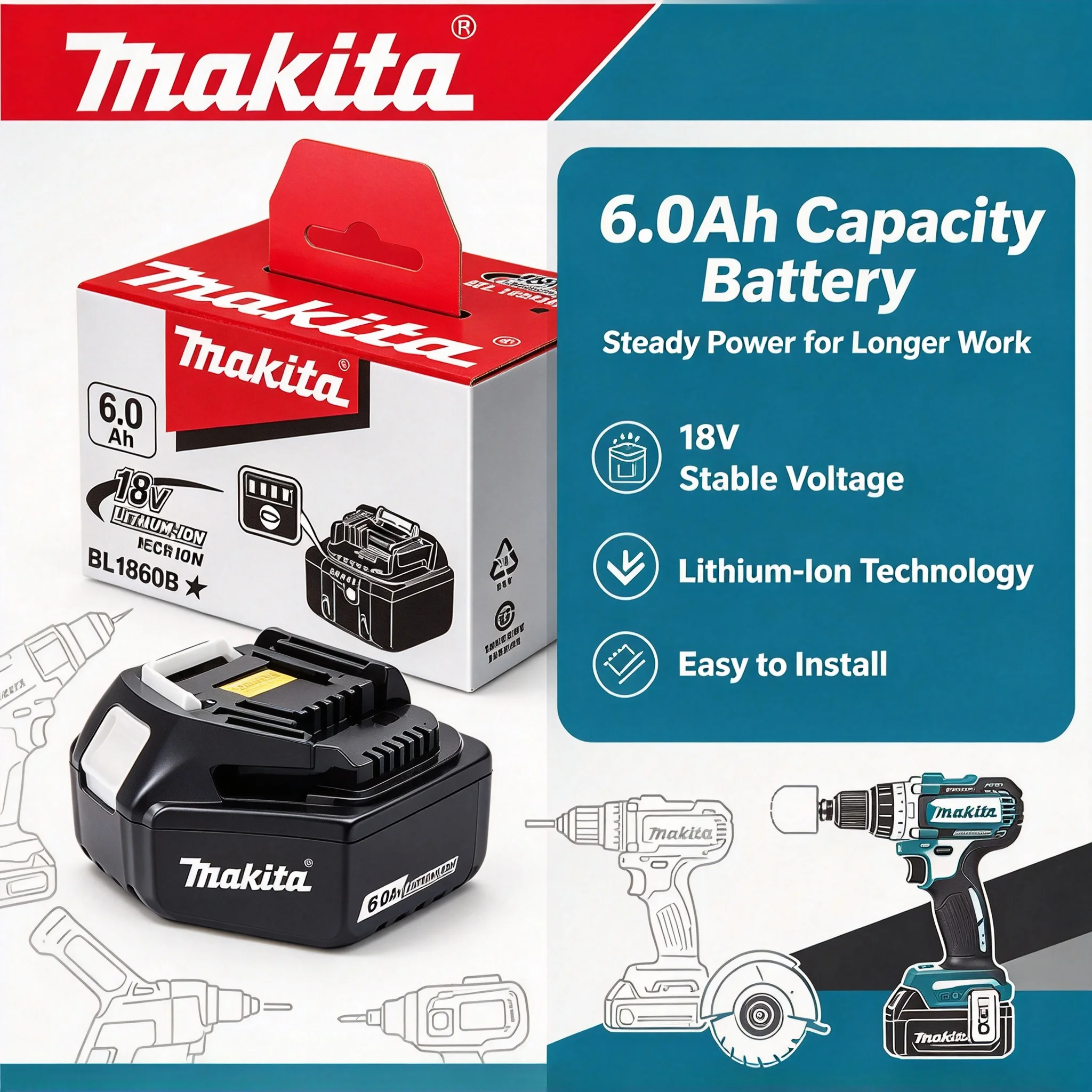 Genuine Makita 18V Lithium Battery 6Ah-9Ah BL1860 DDF487 BL1830B BL1850B BL1850 BL1840 BL1815 Replacement Lithium Battery