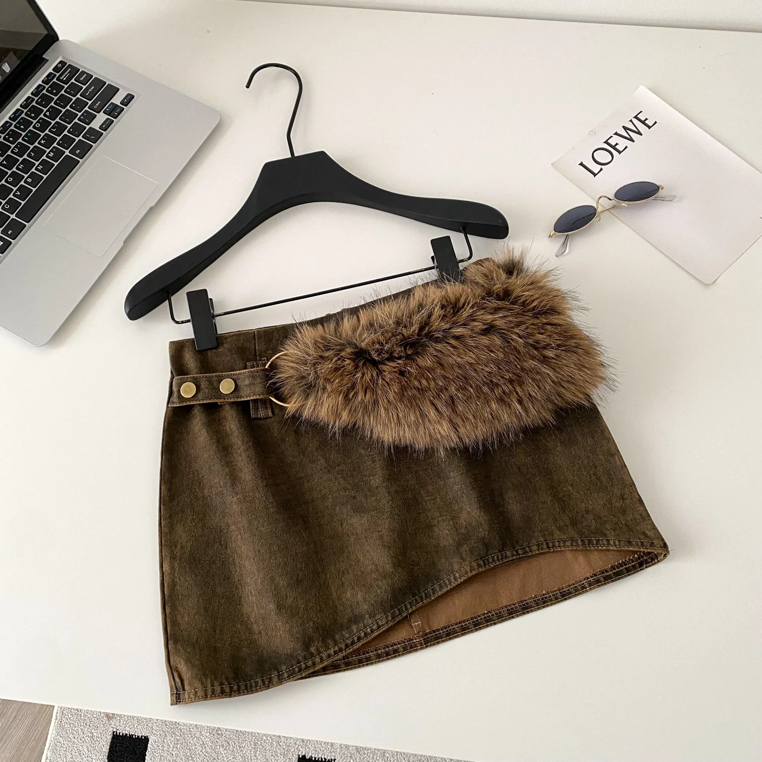 Spicy Girl Plush Women' Skirt Winter New American Style Vintage High End Irregular Skirts Personalized Low-rise A-line Skirt