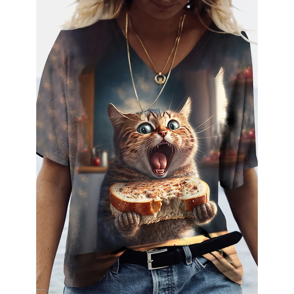 Cute Cartoon Cat Short Sleeved Harajuku Casual Design Sense Short Sleeved Women's V-Neck T-Shirt Top Plus Size Women's Clothing